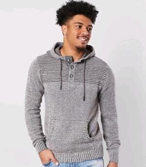 BKE Hooded Henley Sweater Mens Sz L Knit Grey Franklin Hoodie Casual Streetwear